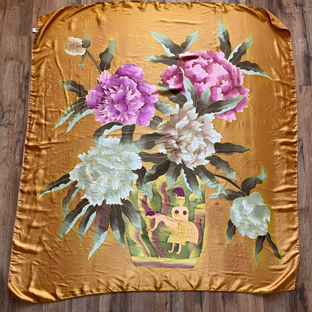 Guido Rasavi 100% Silk Vintage Scarf with Pink & White Peonies